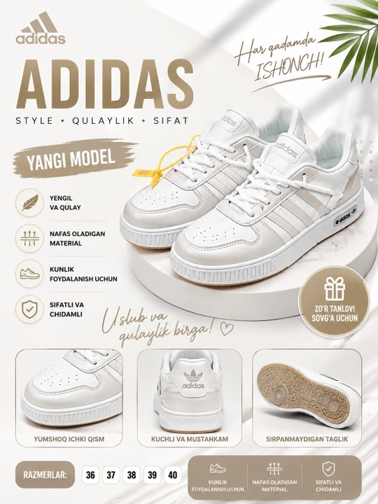 Ayollar poyabzali: 36-41 o‘lchamdagi qizlar va ayollar uchun Adidas krossovkalari