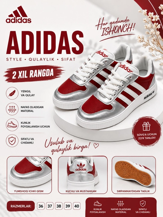 Ayollar poyabzali: 36-41 o‘lchamdagi qizlar va ayollar uchun Adidas krossovkalari