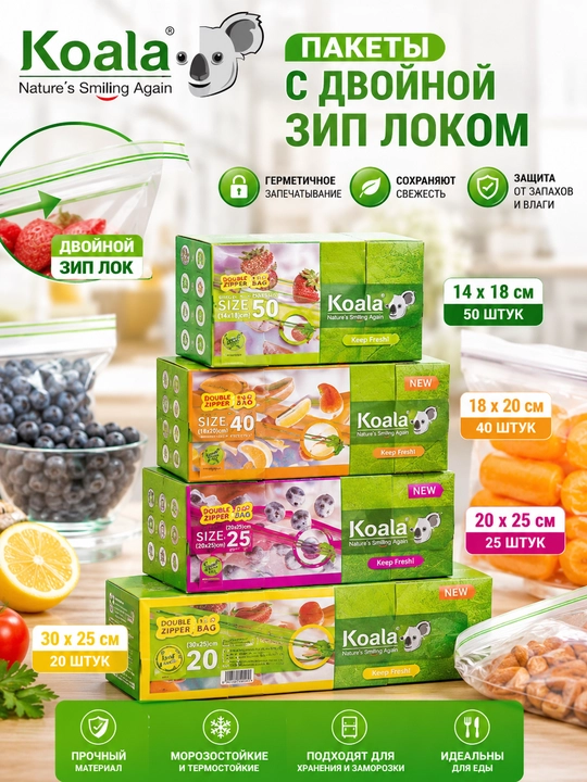 Пакеты с двойным ZIP-LOCK замком Koala для хранения и заморозки продуктов