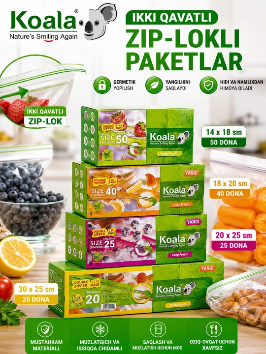 Пакеты с двойным ZIP-LOCK замком Koala для хранения и заморозки продуктов