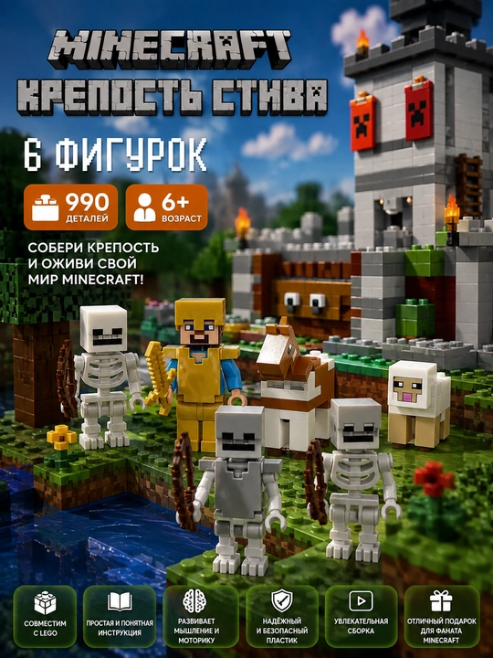 Katta konstruktorlar to'plami My World, Minecraft mavzusi, harakat figuralari bilan