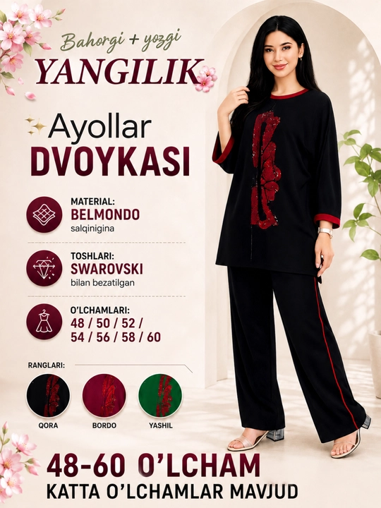 Ayollar uchun dvoyka, bahor, yoz va kuzgi, o'lchamlari 50-54