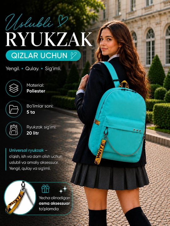 Qizlar uchun USB chiqishli maktab ryukzaki - 