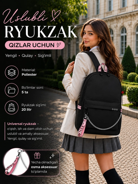 Qizlar uchun USB chiqishli maktab ryukzaki - 