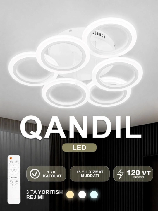 Qandil LED, 3 xil yoritish rejimli, pult bilan, yotoqxona, zal, koridor uchun - 