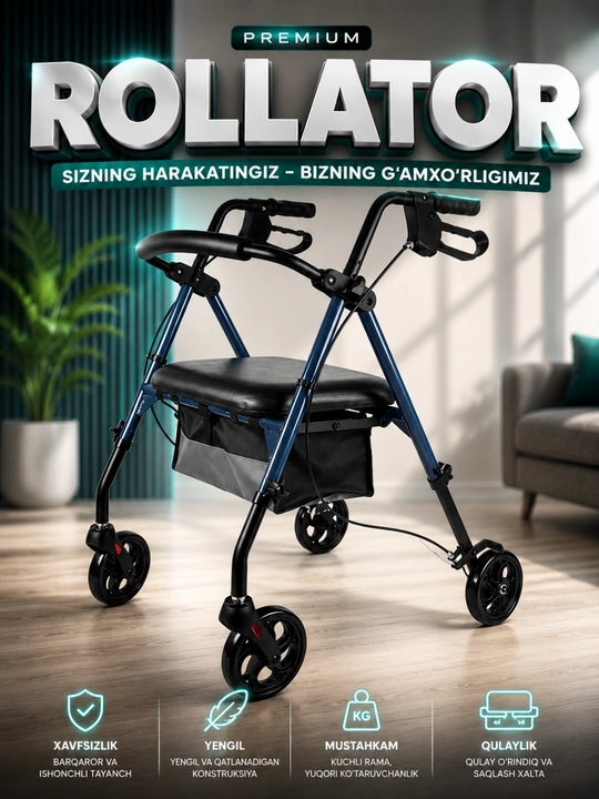 Xadenok kattalar va keksalar uchun, g‘ildirakli rollator, o‘rindiqli yurish tayanchi - 