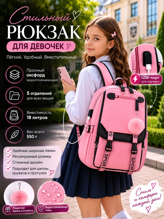Qizlar uchun USB chiqishli ryukzak, maktab va dam olish uchun