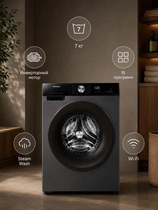 Hisense WF3S7021BB kir yuvish mashinasi 7 kg, 1200 ayl/min, inverter, bug‘, 16 dastur