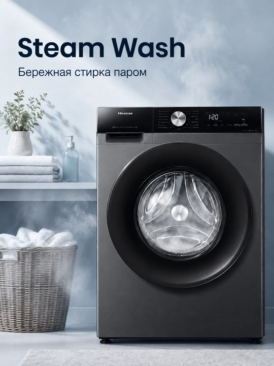 Hisense WF3S7021BB kir yuvish mashinasi 7 kg, 1200 ayl/min, inverter, bug‘, 16 dastur