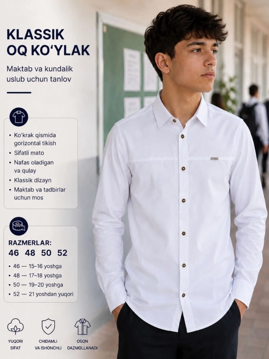 Maktab forma, oq rubashka, oq ko`ylak - 