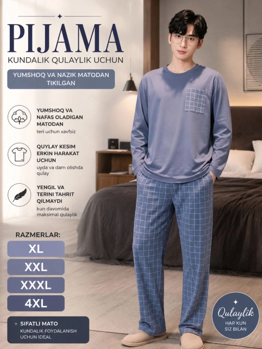 Uy va dam olish uchun, erkaklar pijamasi ikki qisimli, dvoyka paxta - 