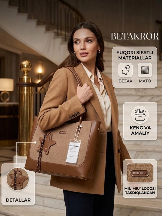 Ayollar sumkasi, shopper sumka qo‘l sumkasi, katta sumka, kundalik sumka - 