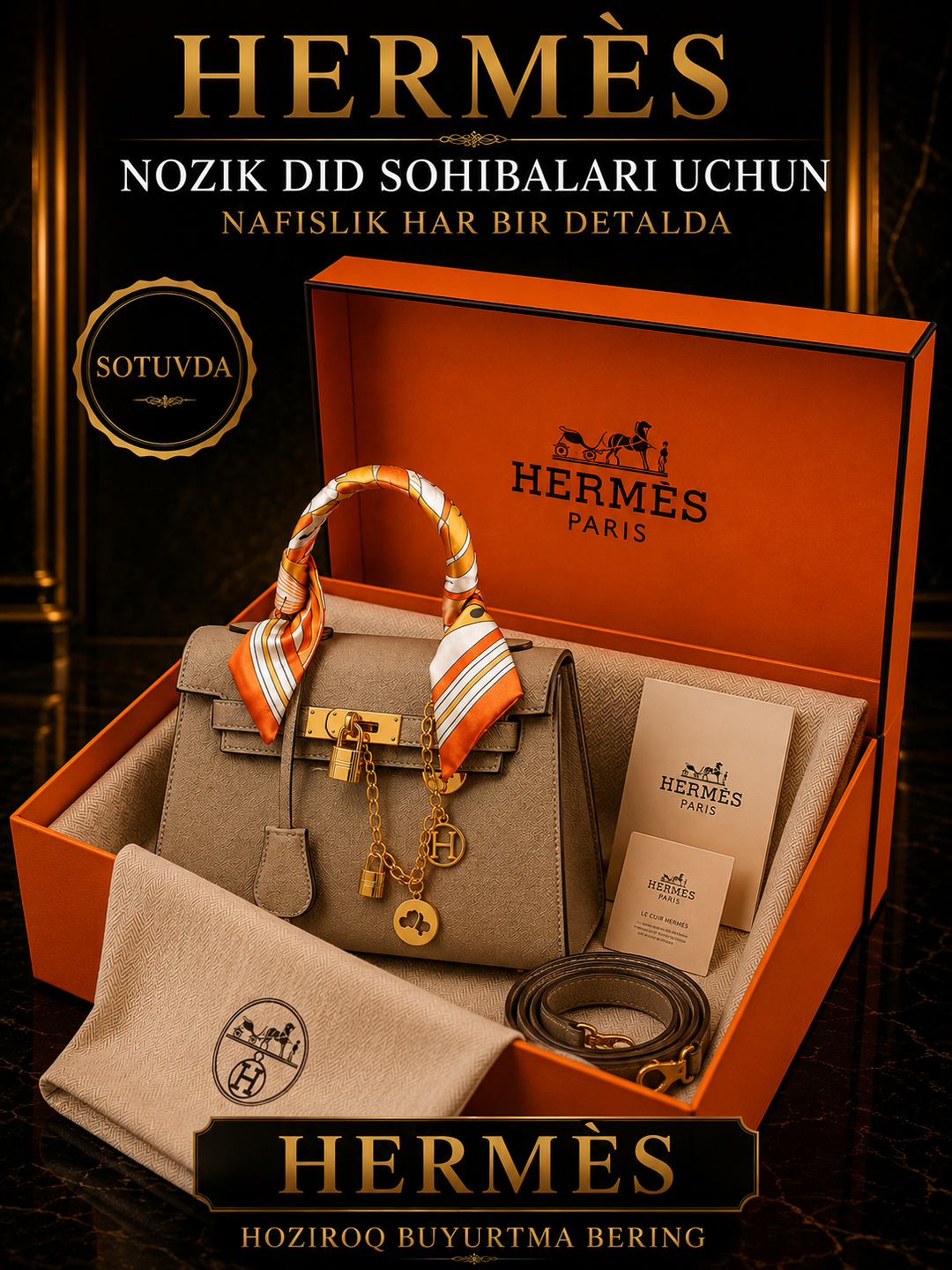 Luks ayollar sumkasi HERMES, sig'imli va zamonaviy qo'l sumkasi, sovg'abop qutisi bilan