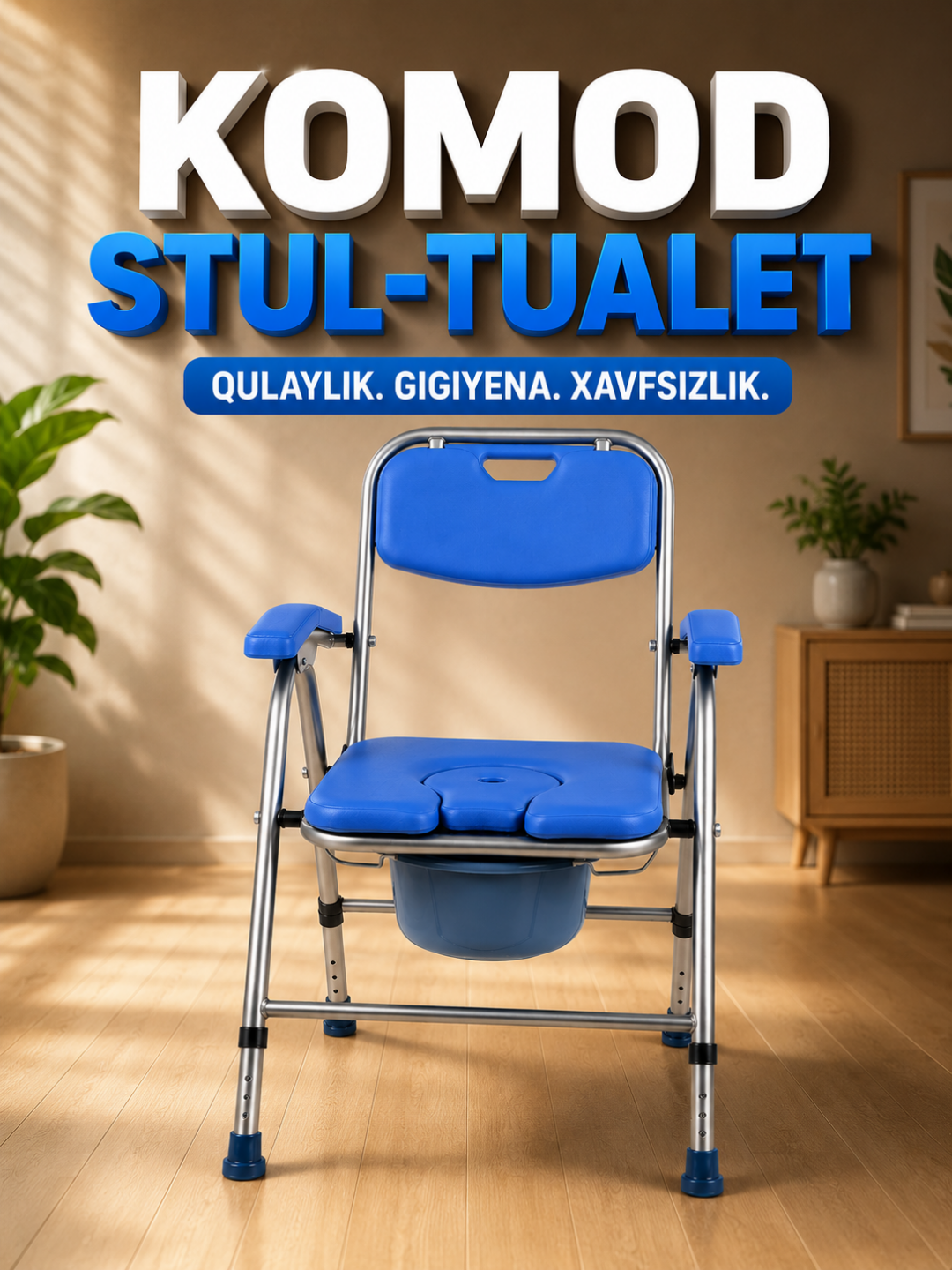Hojat uchun kreslo, yotgan bemorlar uchun hojat tuvagi, yig‘iladigan stul - 