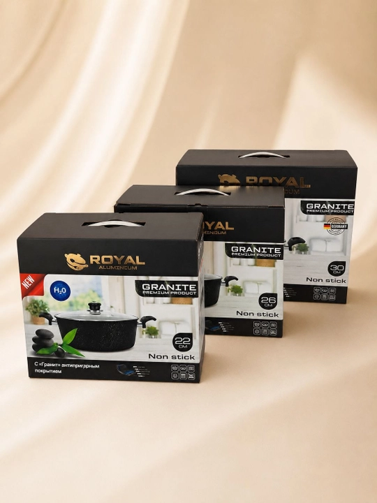 ROYAL GRANITE Qozoni granit qoplamali shisha qopqoqli 22/26/30 sm diametrli
