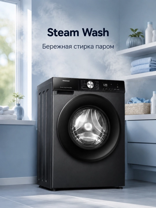 Hisense WF3S8043BB3 kir yuvish mashinasi 8 kg, 1400 ayl/min, Wi-Fi, bug‘, inverter