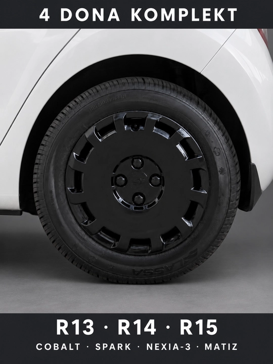 Колпаки на диски 4 шт чёрные — Chevrolet Cobalt, Spark, Nexia-3, Matiz (R13/R14/R15)