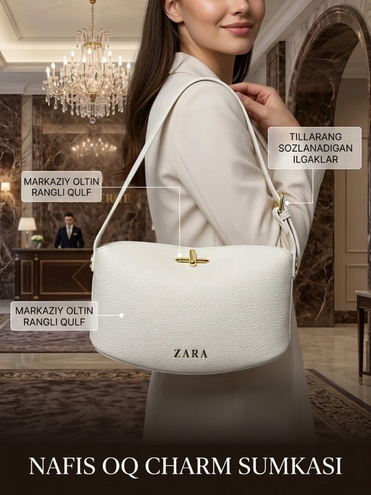 Ayollar sumkasi, oq charm sumka, yelkama sumka, zamonaviy ayollar sumkachasi, charm - 