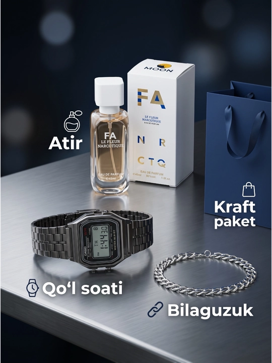 Erkaklar uchun sovg'a to'plami 4 in 1: erkaklar soati, atir, zanjir-bilaguzuk va soat