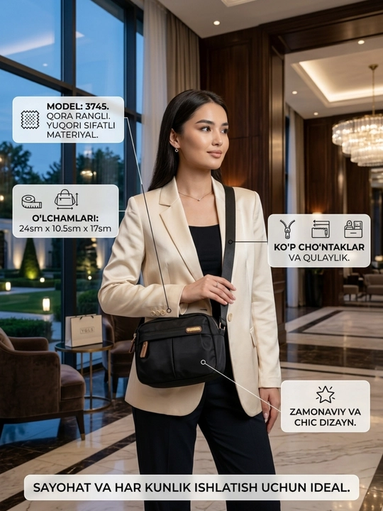 Ayollar yelkaga asiladigan sumkasi YGLS 3745, suv o'tkazmaydigan neylon kross-bodi sumka - 