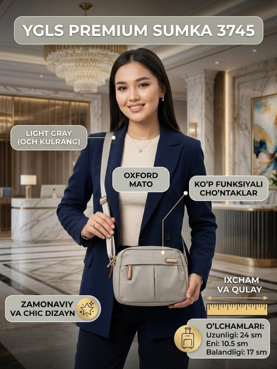 Ayollar yelkaga asiladigan sumkasi YGLS 3745, suv o'tkazmaydigan neylon kross-bodi sumka - 