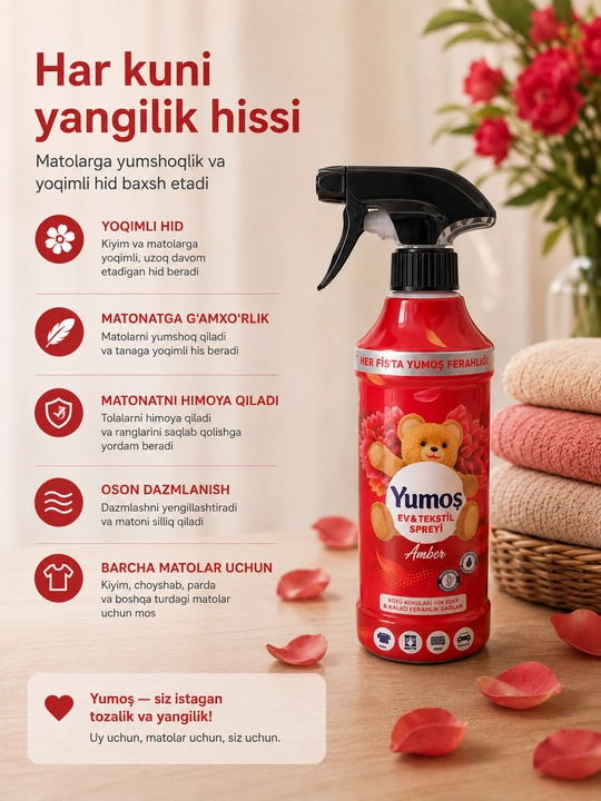 Yumoş Ev & Tekstil Spreyi — uy va matolar uchun sprey