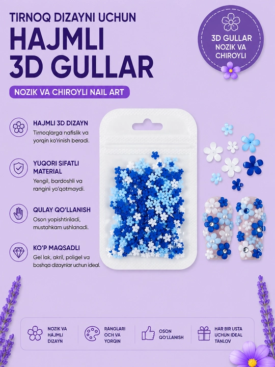 Hajmli 3D gullar tirnoq dizayni uchun - 