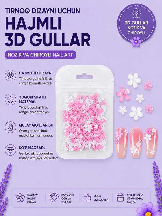 Hajmli 3D gullar tirnoq dizayni uchun - 