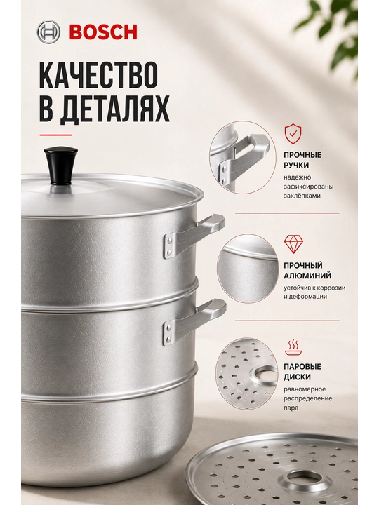 Bosch’dan manti-qozon — xonim, manti va xinkali uchun mantiqozon, 4 diskli