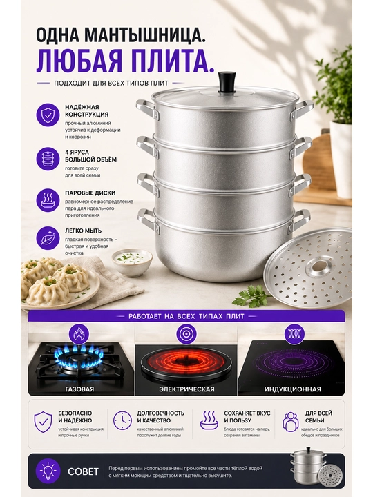 Bosch’dan manti-qozon — xonim, manti va xinkali uchun mantiqozon, 4 diskli