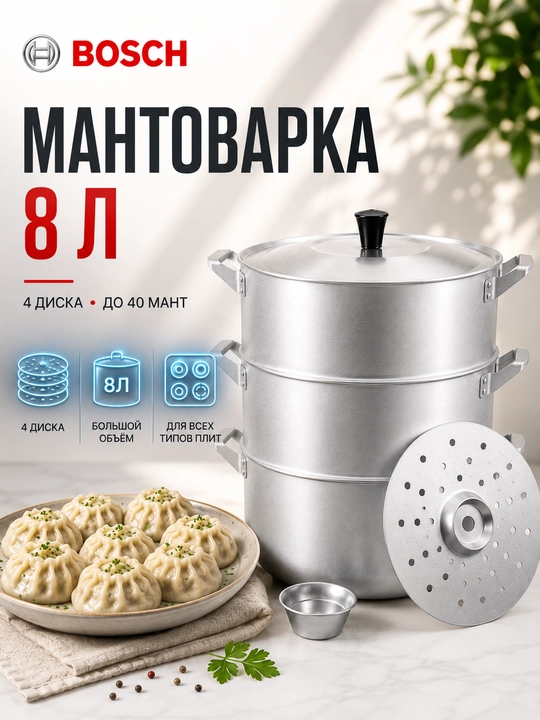 Манты-казан от Bosch, мантоварка для ханума, мантов, хинкали, 4 диска - 