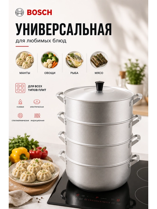 Bosch’dan manti-qozon — xonim, manti va xinkali uchun mantiqozon, 4 diskli