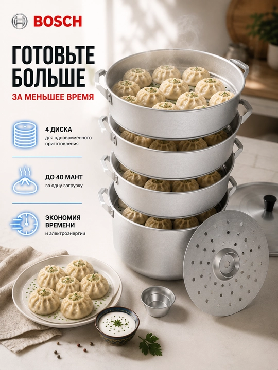 Bosch’dan manti-qozon — xonim, manti va xinkali uchun mantiqozon, 4 diskli