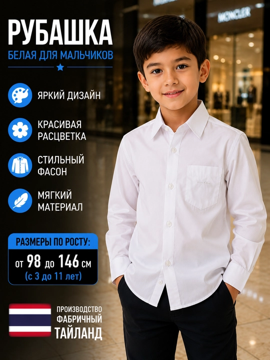 O‘g‘il bolalar uchun oq rangli, uzun yengli klassik maktab ko‘ylagi