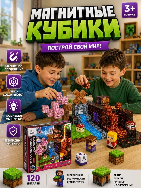 Minecraft magnit konstruktsiya to'plami, magnit kublar, bolalar uchun ta'limiy o'yin - 