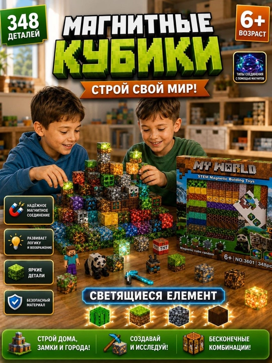 Minecraft magnit konstruktsiya to'plami, magnit kublar, bolalar uchun ta'limiy o'yin - 