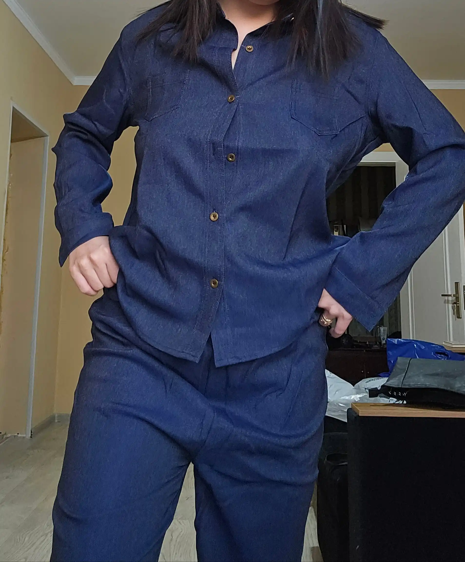 Ayollar jinsi kostyumi, rubashka va keng shim, M–3XL o‘lchamlar — ELLY FASHION