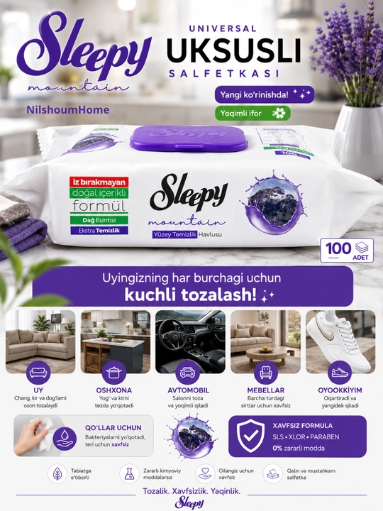 Sleepy Sirkali nam salfetkalar, Sleepy turli xushbo‘y hidli salfetkalar, 100 dona - 