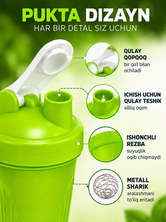 Sport shakeri, metall sharikli, mustahkam va ishlatish uchun qulay