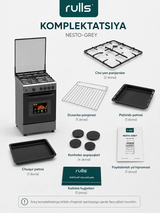 Gaz plitasi Rulls NESTO-GREY, 4 konforka, duxovka, avtomatik yoqish