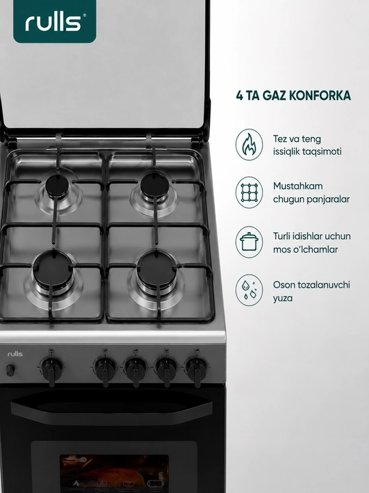 Gaz plitasi Rulls NESTO-GREY, 4 konforka, duxovka, avtomatik yoqish