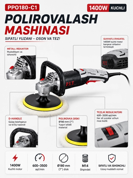 Polirovalash mashinasi P.I.T. PPO180-C1 1400W, Ø180 mm