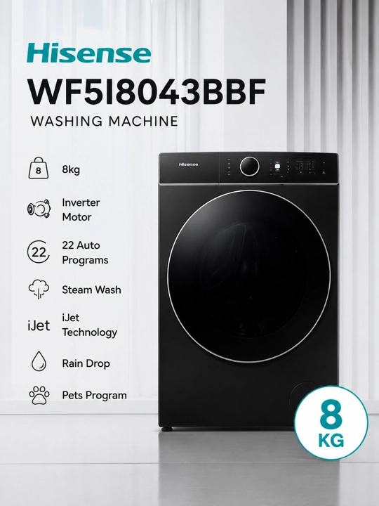 Hisense WF5I8043BBF kir yuvish mashinasi 8 kg, Wi-Fi, iPlay™, iJet