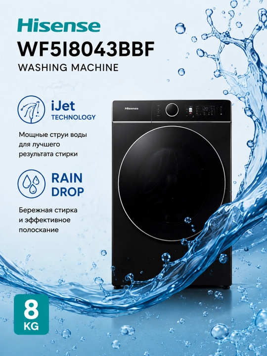 Hisense WF5I8043BBF kir yuvish mashinasi 8 kg, Wi-Fi, iPlay™, iJet