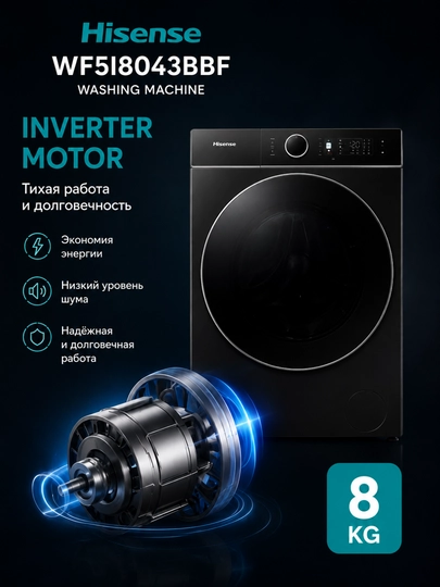 Hisense WF5I8043BBF kir yuvish mashinasi 8 kg, Wi-Fi, iPlay™, iJet