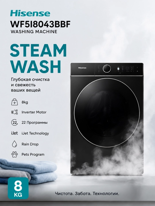 Hisense WF5I8043BBF kir yuvish mashinasi 8 kg, Wi-Fi, iPlay™, iJet