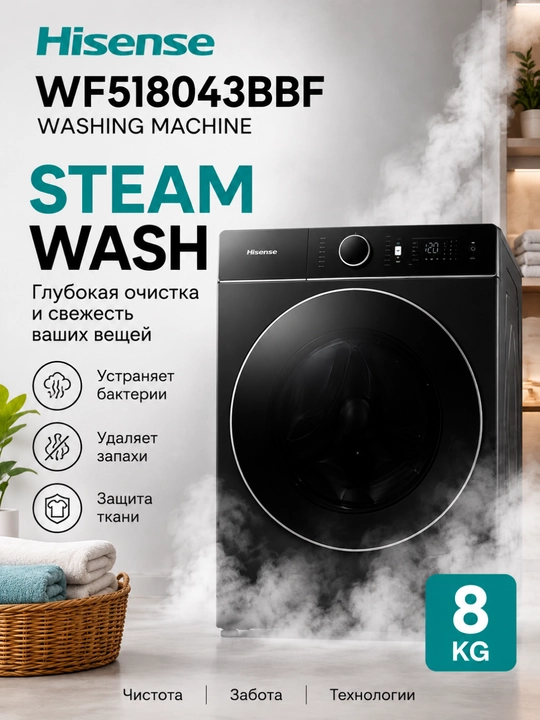 Hisense WF5I8043BBF kir yuvish mashinasi 8 kg, Wi-Fi, iPlay™, iJet