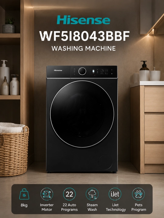 Hisense WF5I8043BBF kir yuvish mashinasi 8 kg, Wi-Fi, iPlay™, iJet