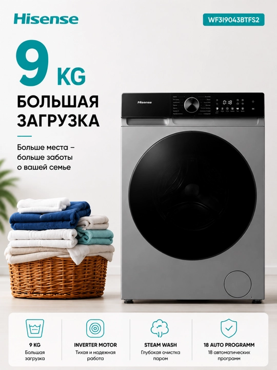 Стиральная машина Hisense WF3I9043BWFS2 9 кг, Wi-Fi, автодозатор - 