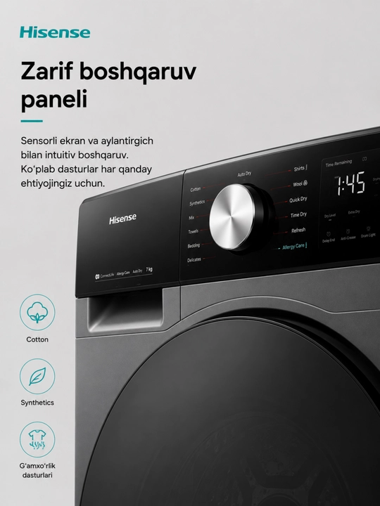 Hisense DH3S702UT2E quritish mashinasi 7 kg, Heat Pump, Wi-Fi, A++, 16 dastur